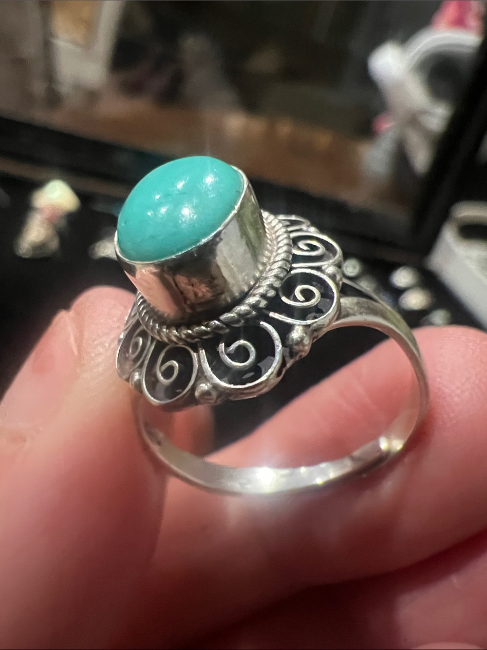 Turquoise Cabochon Floral Filigree Sterling Silver Ring - Size Adjustable